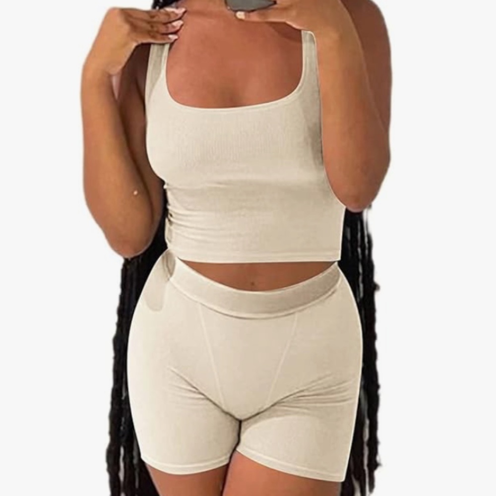 Two Piece Workout Set Tank/Shorts in Beige